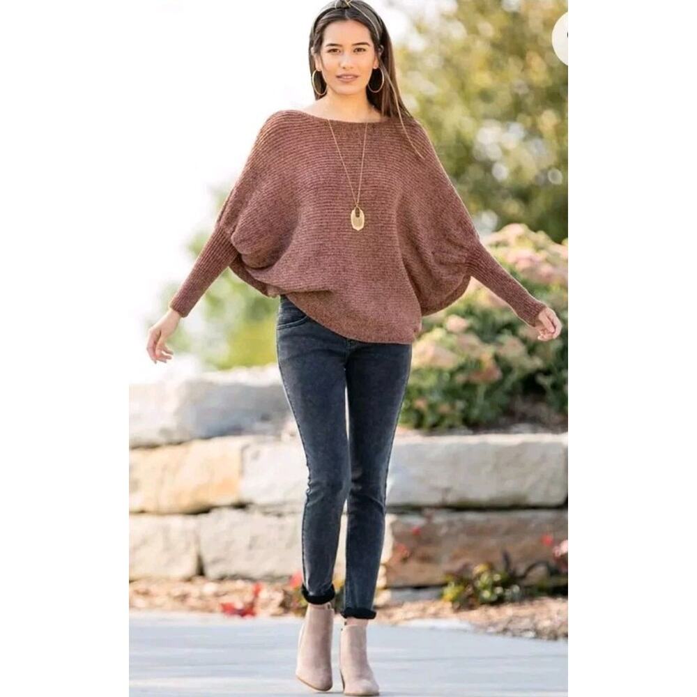 Hyfyv Chenille Wide Neck Dolman Sweater Sz S Browny‎ Buckle Dolman Cozycore